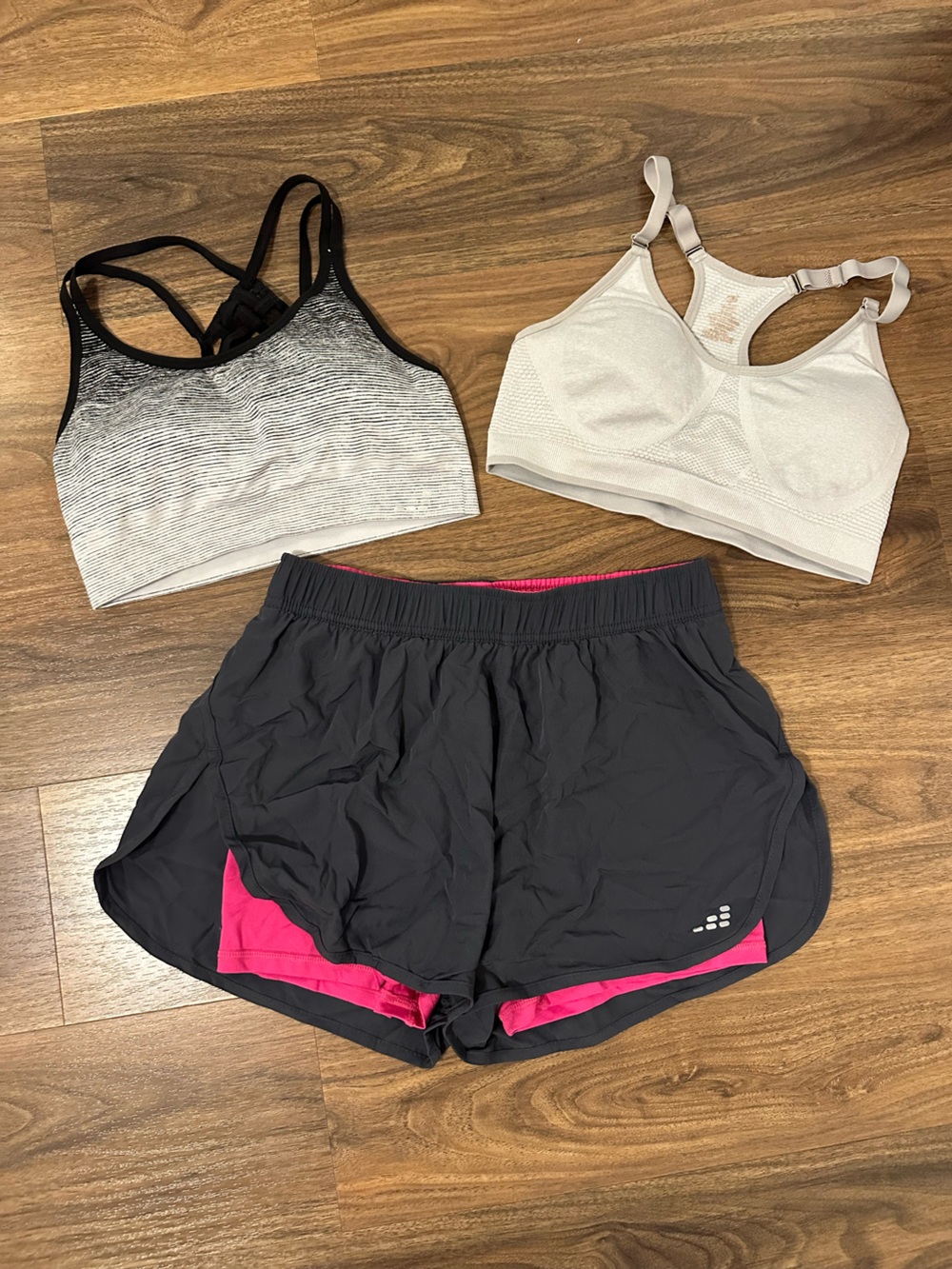 bcg Black Shorts with Pink Liner and Neutral Sports Bras